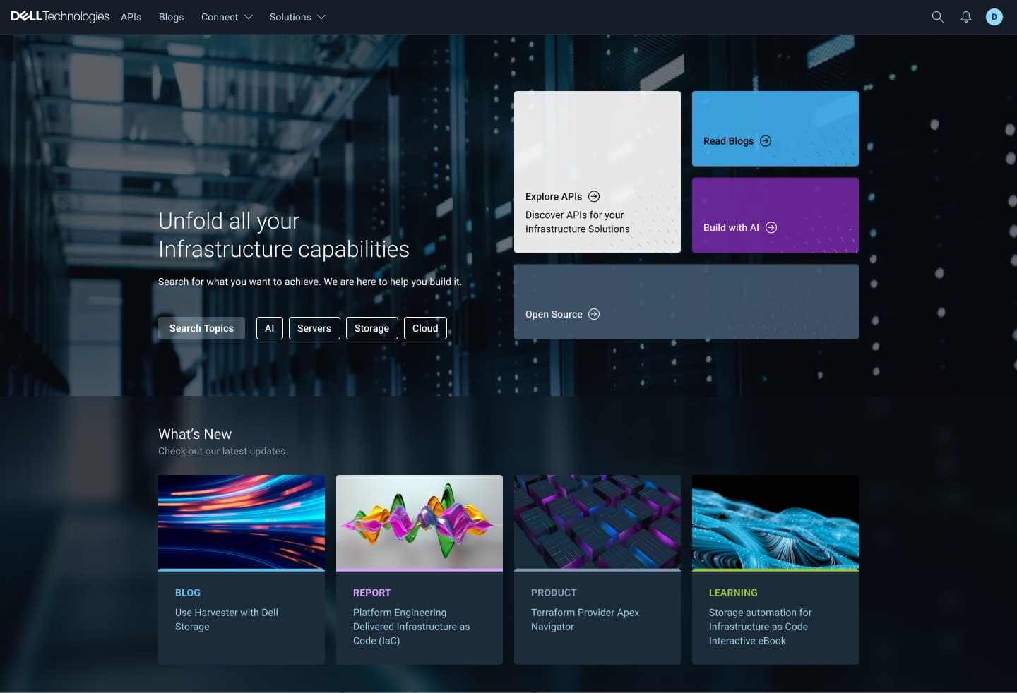 Dell Developer Hub home page in dark mode