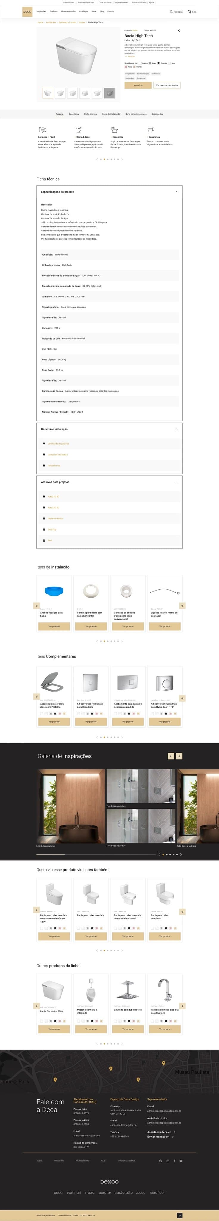 Product page with specs and finishes