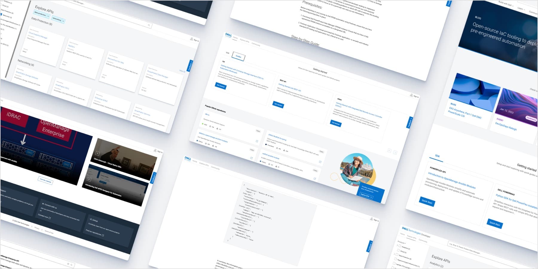 Screens from the Dell Developer Hub built on the design system